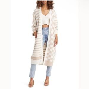 NWOT Topshop knitted checkerboard and stripe maxi cardi in cream Size 4/6